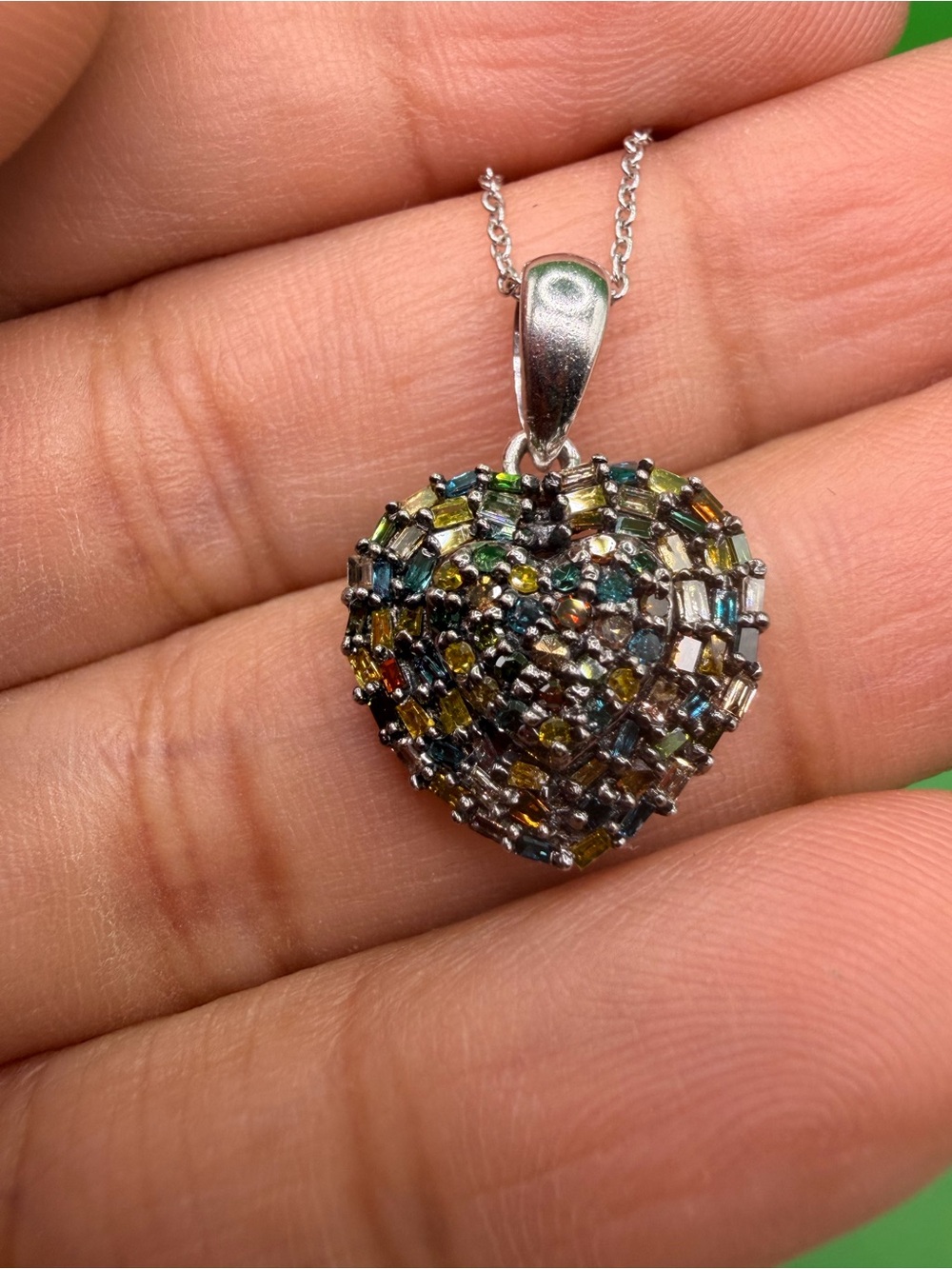 925 Sterling Silver Multicolor Diamond Heart Pendant & 16 to 18” chain.